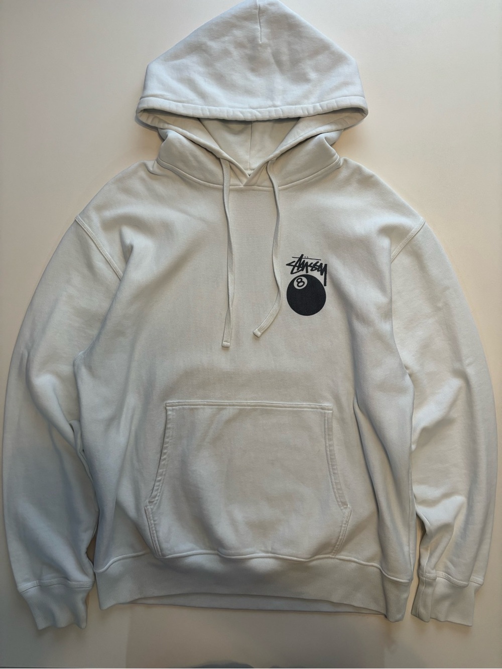 Vintage 8 ball iconic Stussy white oversized skate hoodie made in Portugal